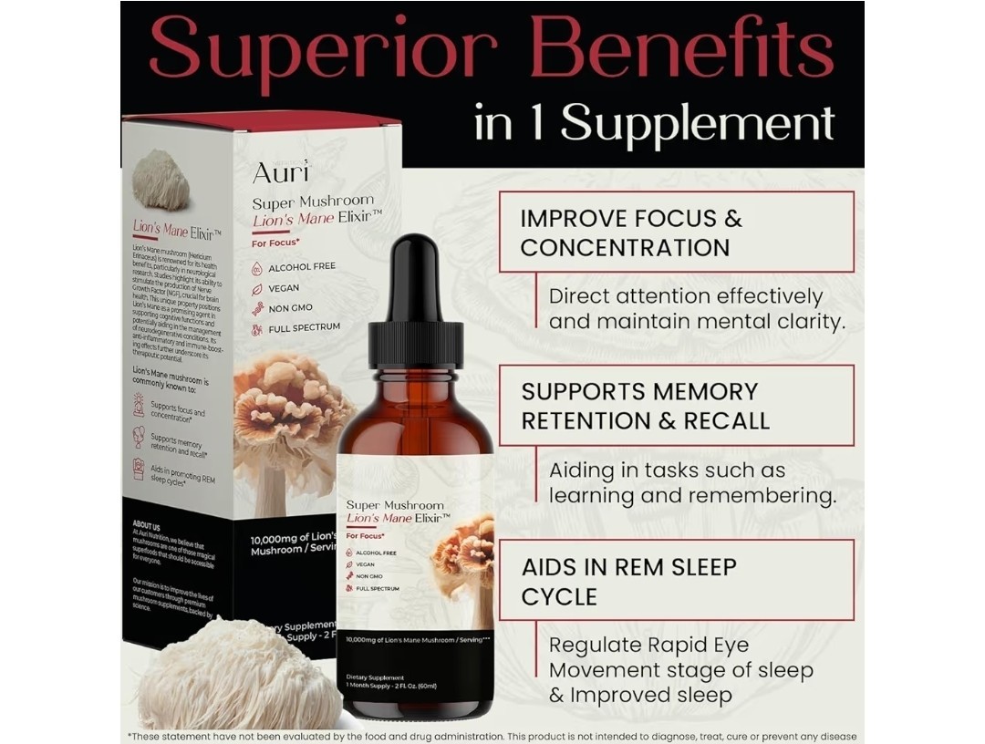 Auri Nutrition Lion’s Mane Elixir Liquid Drops Focus Memory Alcohol Free 2 fl oz