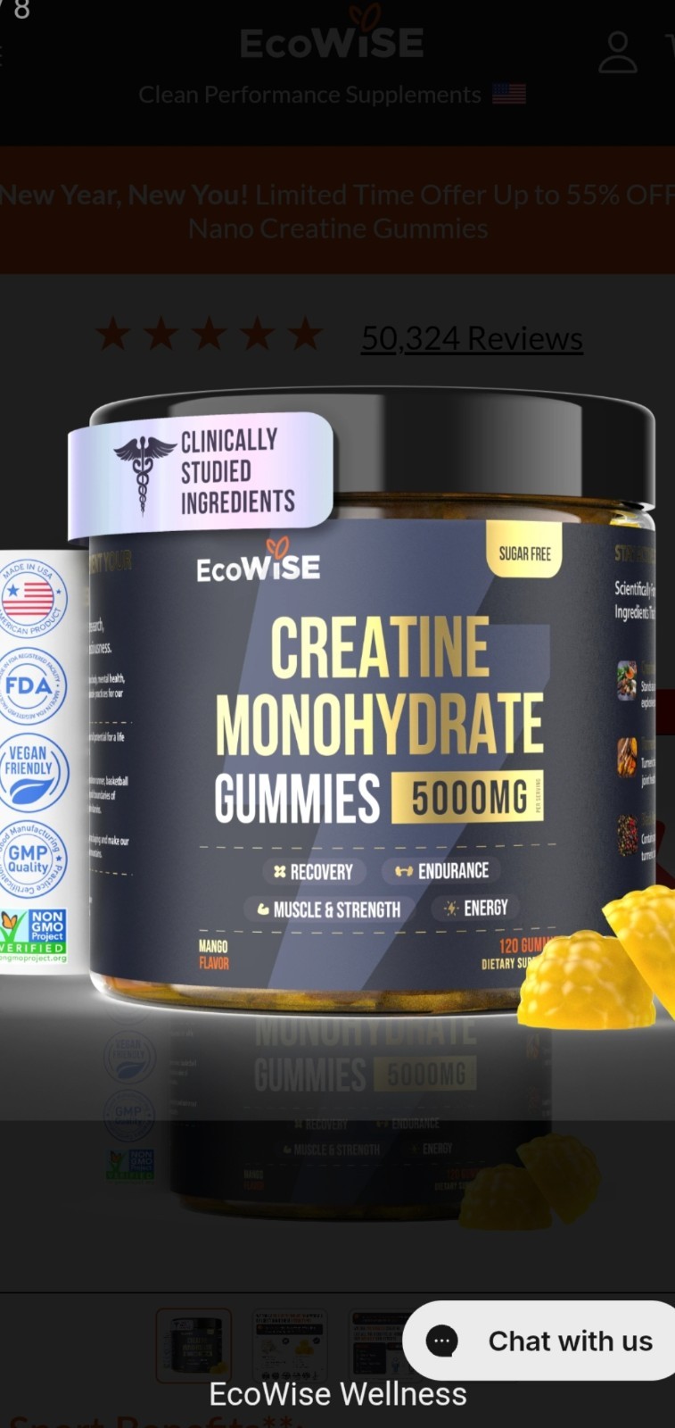 EcoWise Wellness Creatine Monohydrate Gummies 5000 Mg Sugar-free