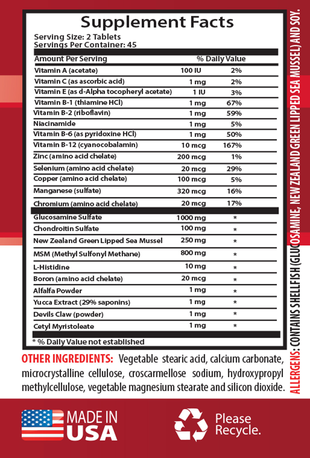 bone health calcium glucosamine JOINT MATRIX PREMIUM COMPLEX zinc supplement 1B