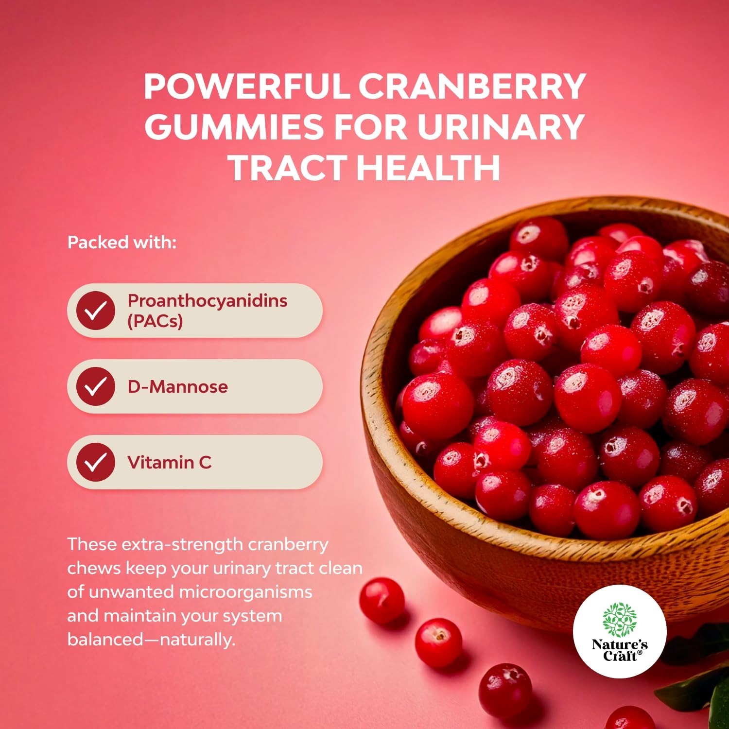 Natural Cranberry Gummies for Women & Men Extra Strength Delicious Antioxidant