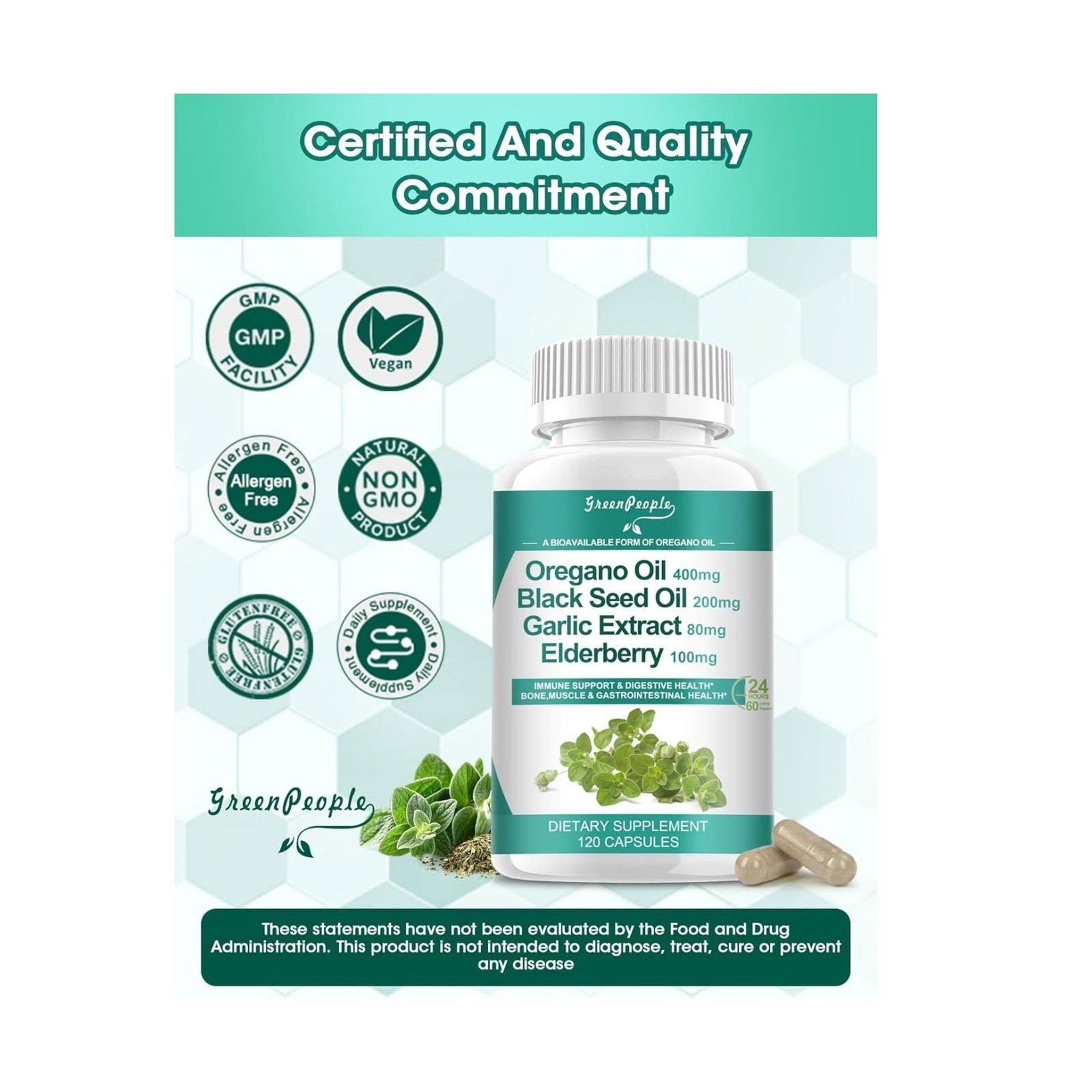 Oregano Oil Black Seed Garlic Elderberry Supplement 120 Capsules