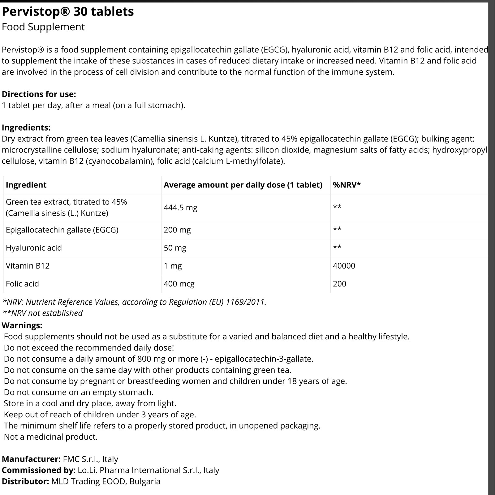 PERVISTOP 30 Tablets | Green Tea EGCG + Hyaluronic Acid + Vit B12 & Folic Acid