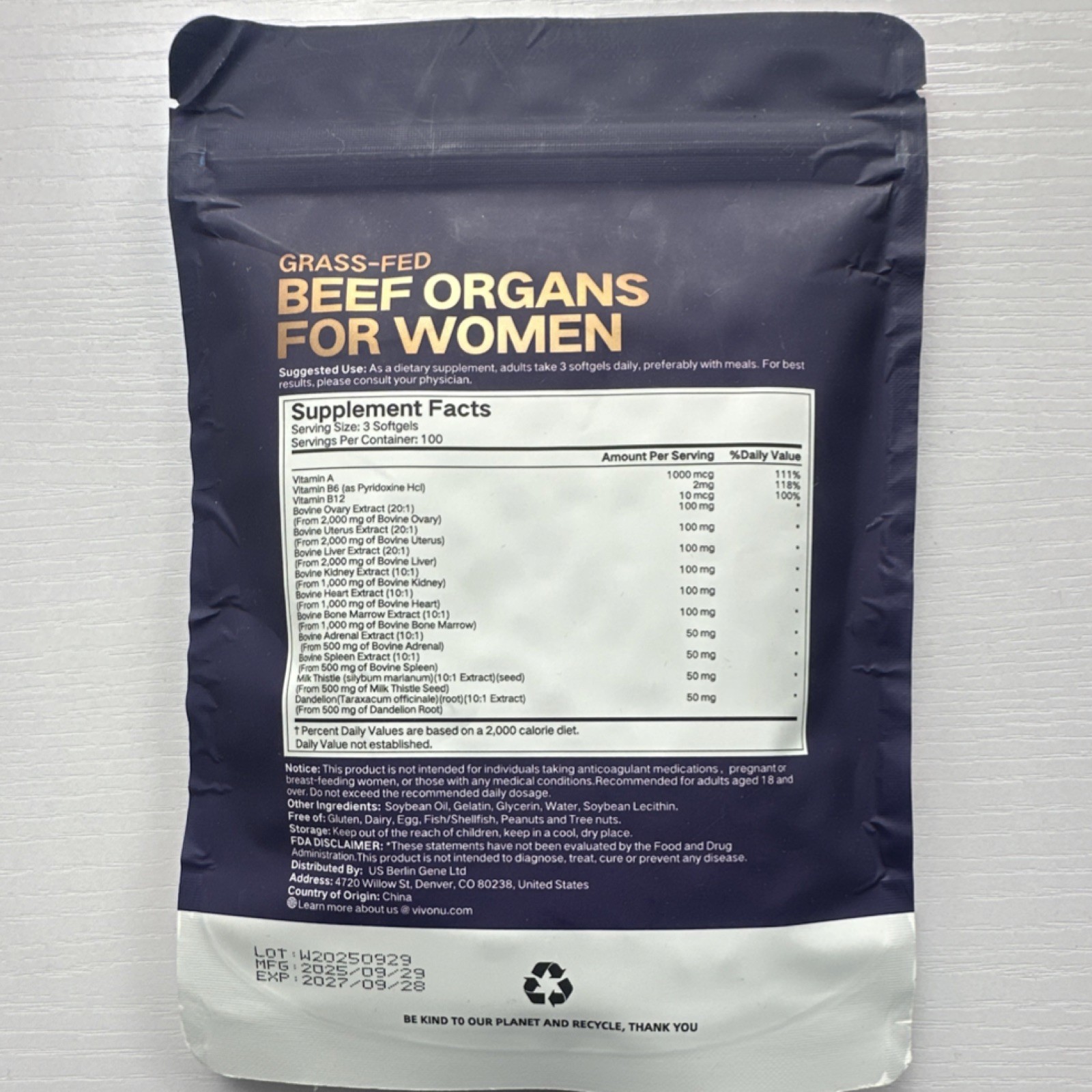 Vivonu Grass-Fed Beef Organs for Women Softgels Gluten-Free 300ct Exp 09/2027