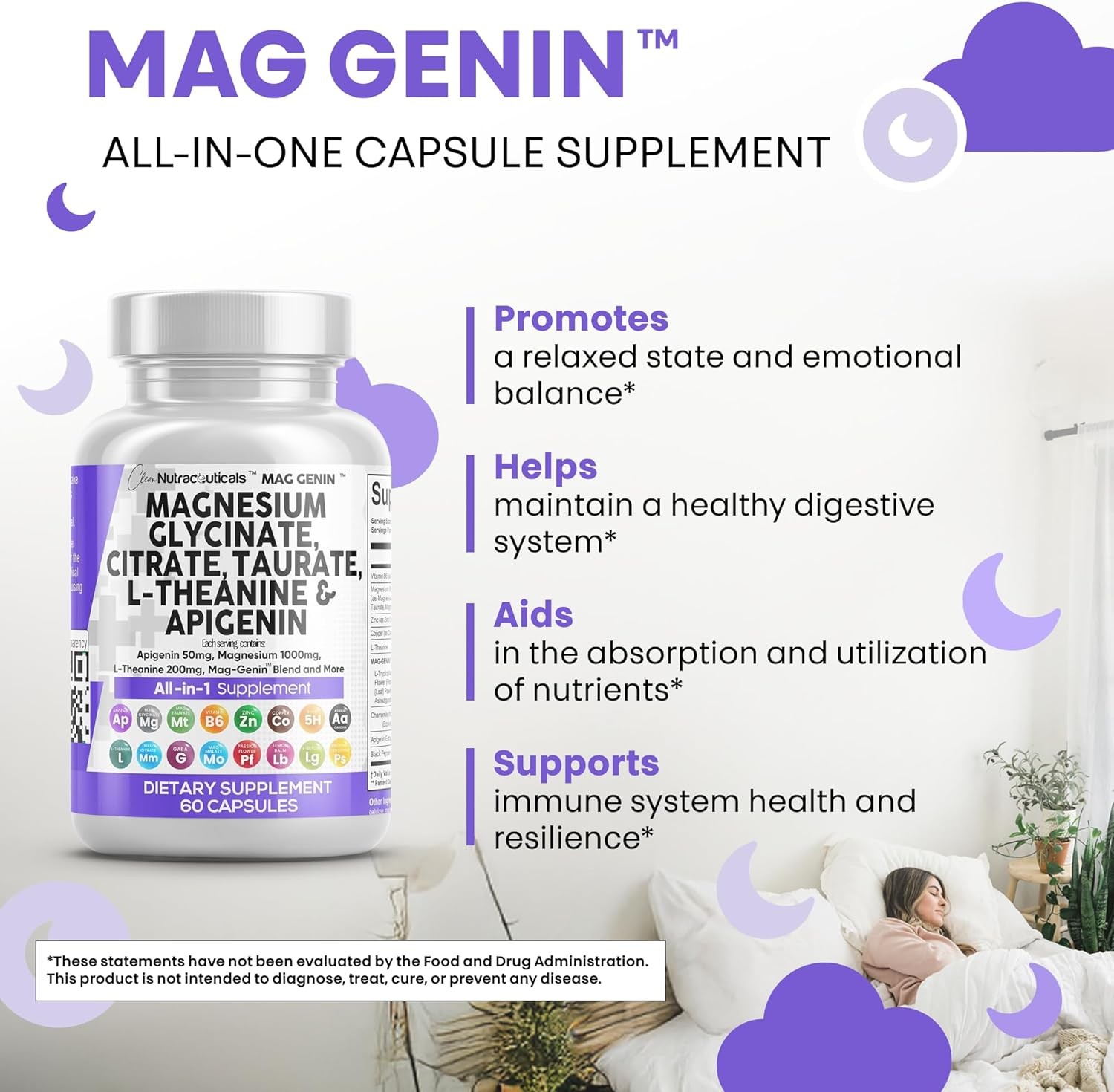 Magnesium Glycinate Complex 1000mg L-Theanine Sleep Support 60 Capsules