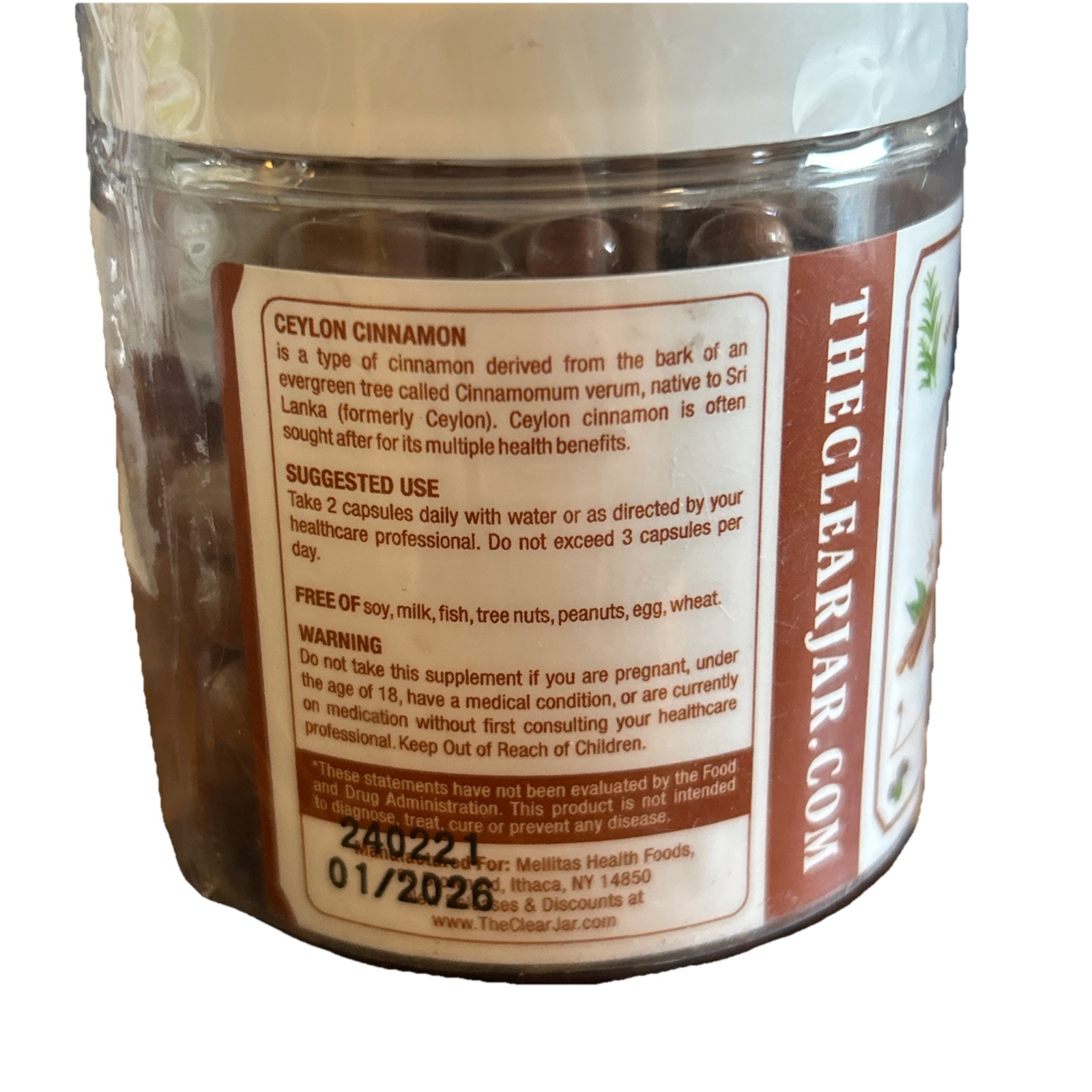 Ceylon Cinnamon Capsules 100 Count The Clear Jar Exp 1/26