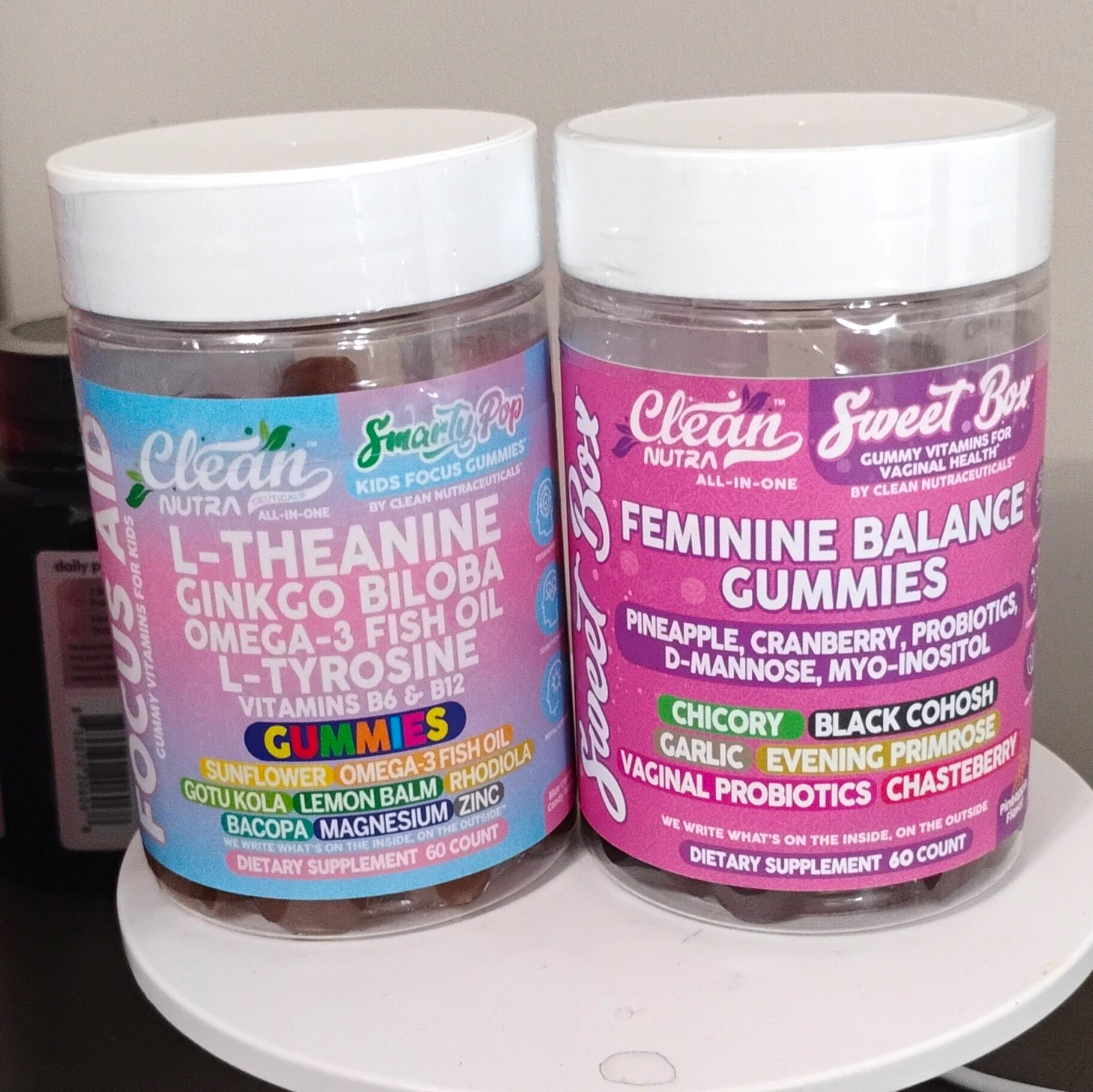 Clean Nutra Focus + Feminine Balance Gummies L-Theanine Ginkgo Omega-3 60ct