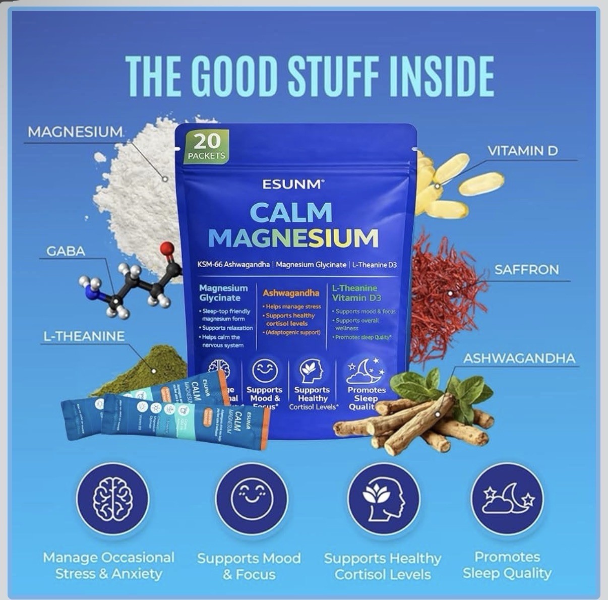 ESUNM Calm Magnesium Raspberry Lemonade Drink Mix Stress Relief 20 Packets