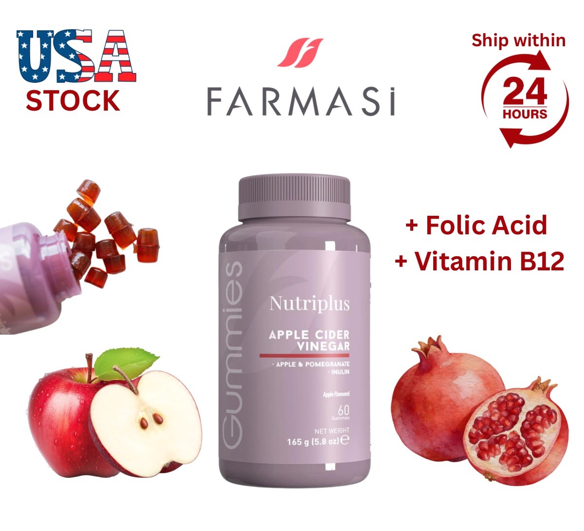 FARMASI Nutriplus Gummies – Apple Cider Vinegar 60 Gummies 5.8oz(FREE SHIPPING)