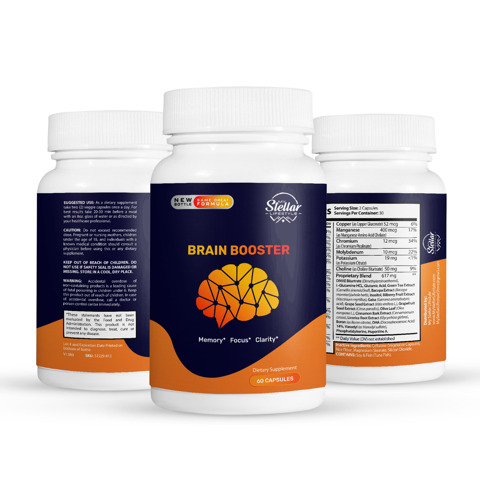 5 Pack Brain Booster, helps memory, focus and clarity-60 Capsules x5