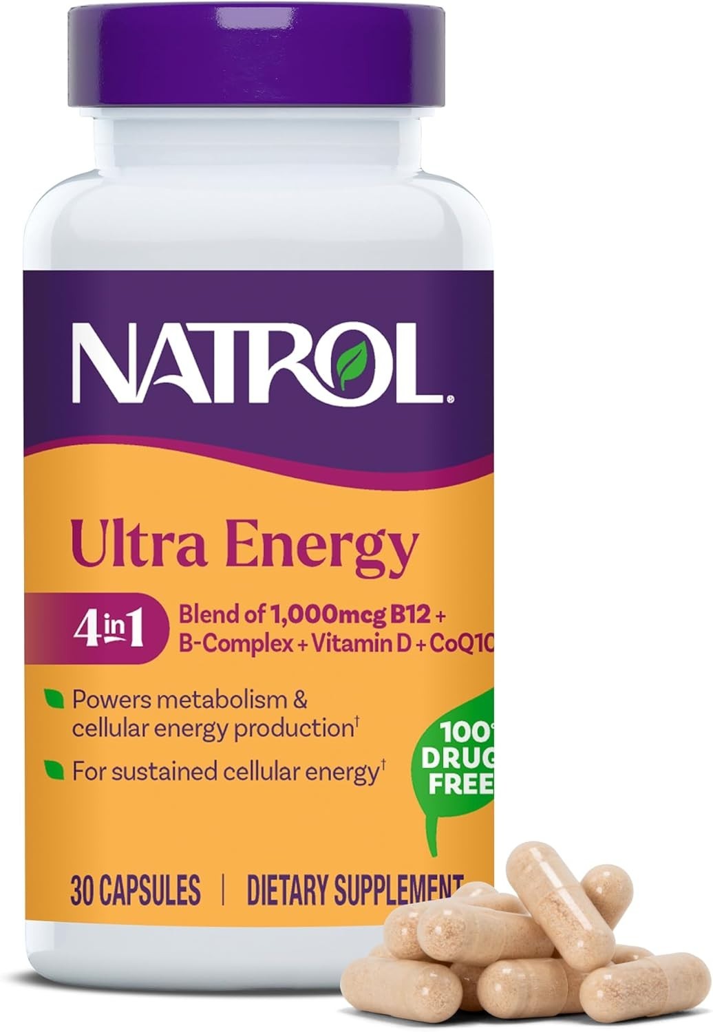 Natrol Ultra Energy 4-in-1 Blend, Caffeine Free, Vitamin B12, D, CoQ10, USA Made