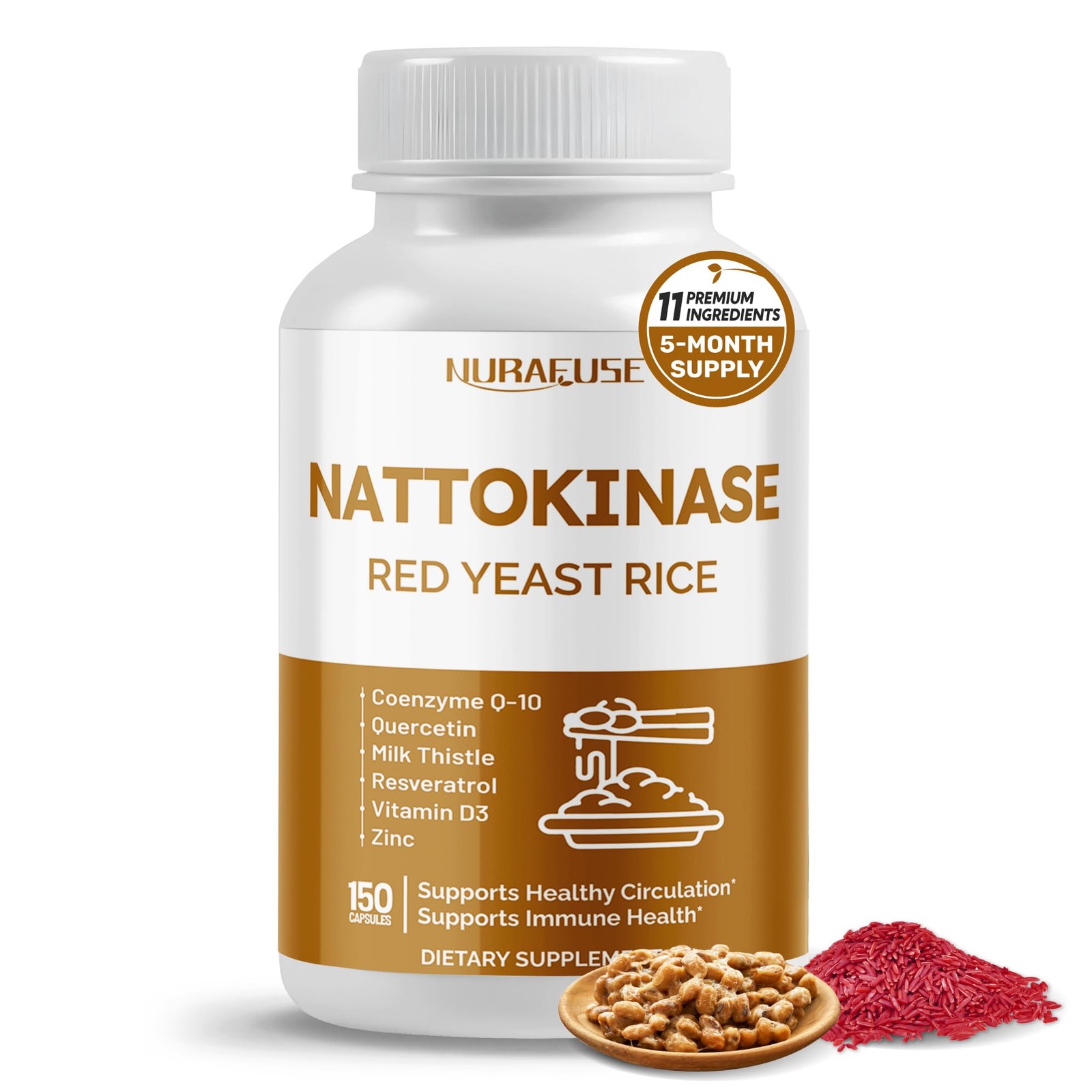 NURAFUSE NATTOKINASE 11-in-1 Formula – with Red Yeast 150 Count (Pack of 1)