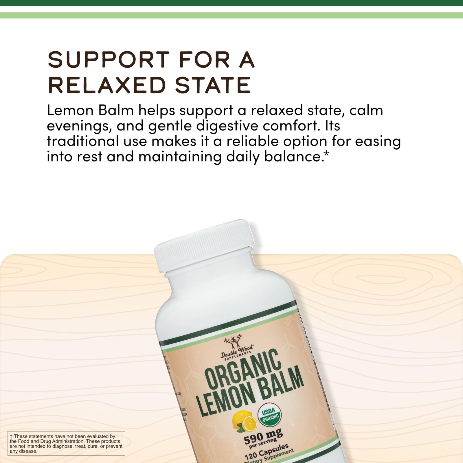 Double Wood Supplements Organic Lemon Balm 120 Capsules 120 Count (Pack of 1)