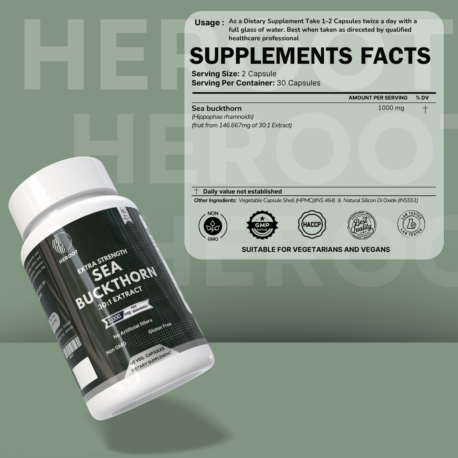 Heroot Sea Buckthorn Capsules 500mg | Hippophae rhamnoides Berry Extract