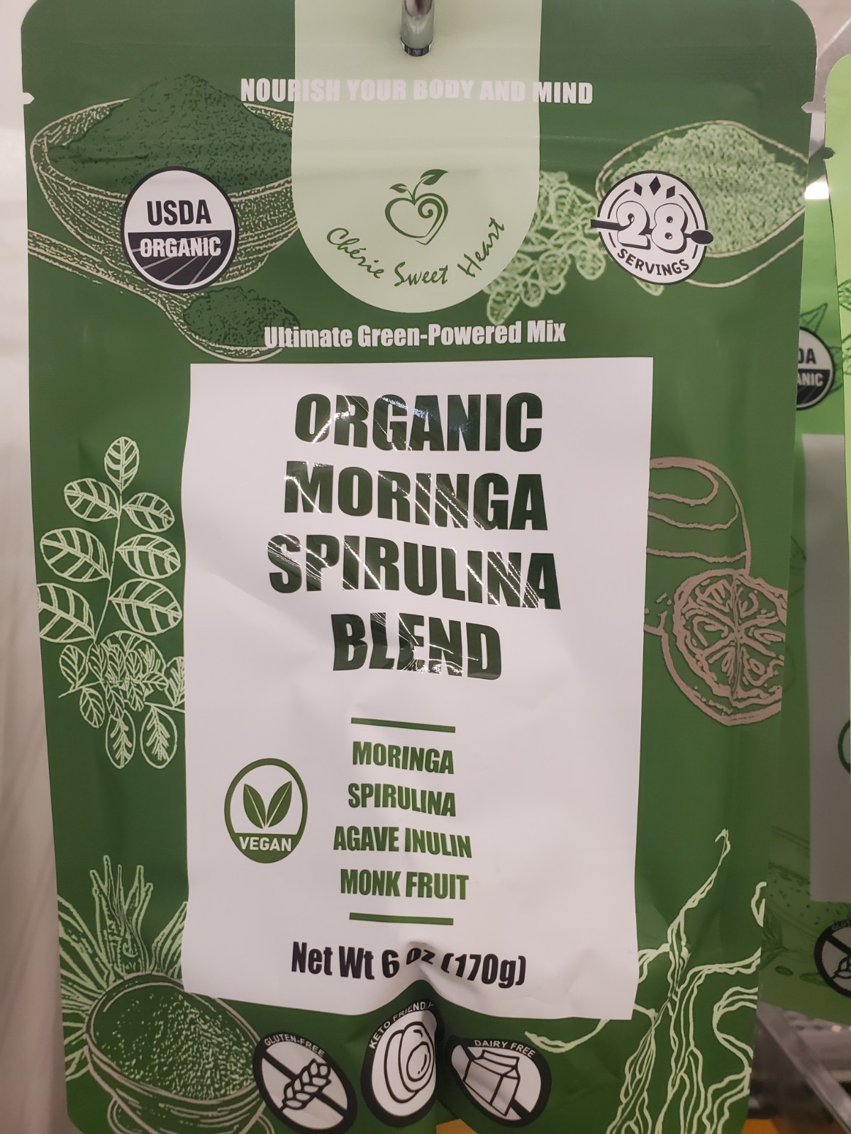 Claire Sweet Heart Organic Moringa Spirulina Blend Powder, Vegan, 6 oz (170 g)
