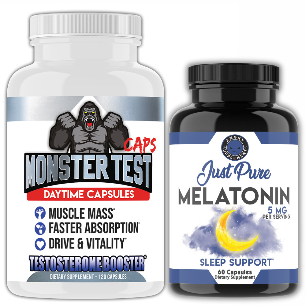 Angry Supplements Monster Test Booster Capsules 120ct + JP Melaton PM Sleep 2pk