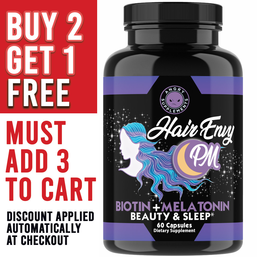 Angry Supplements Hair Envy PM Biotin Beauty + Sleep Aid Pills Night 60 Capsules