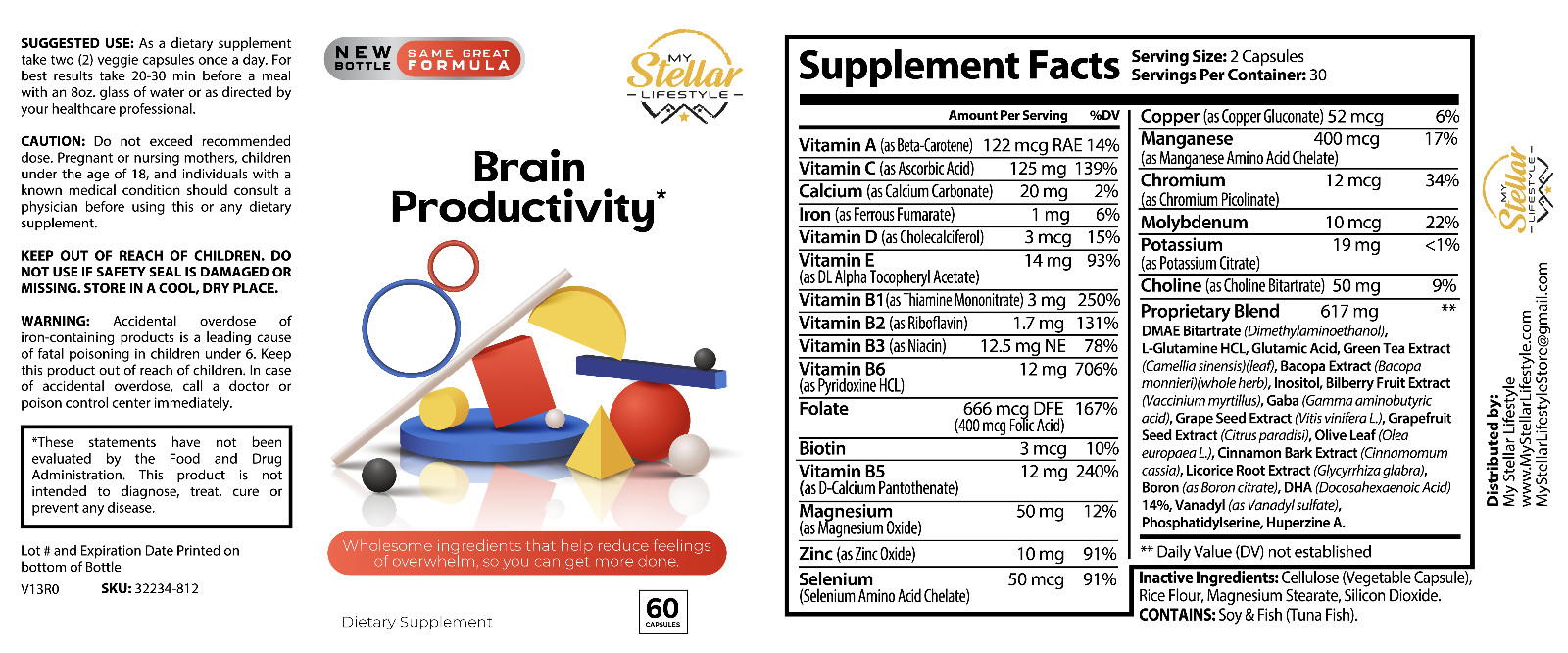 5 Pack Brain Productivity, helps reduce overwhelm-60 Capsules x5
