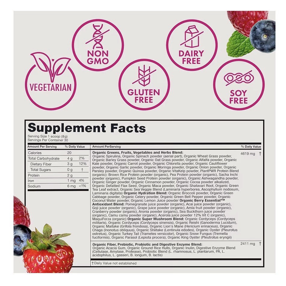 Dietary/Nutrition Supplement Organic Supergreens Powder Mixed Berry 30 Servings