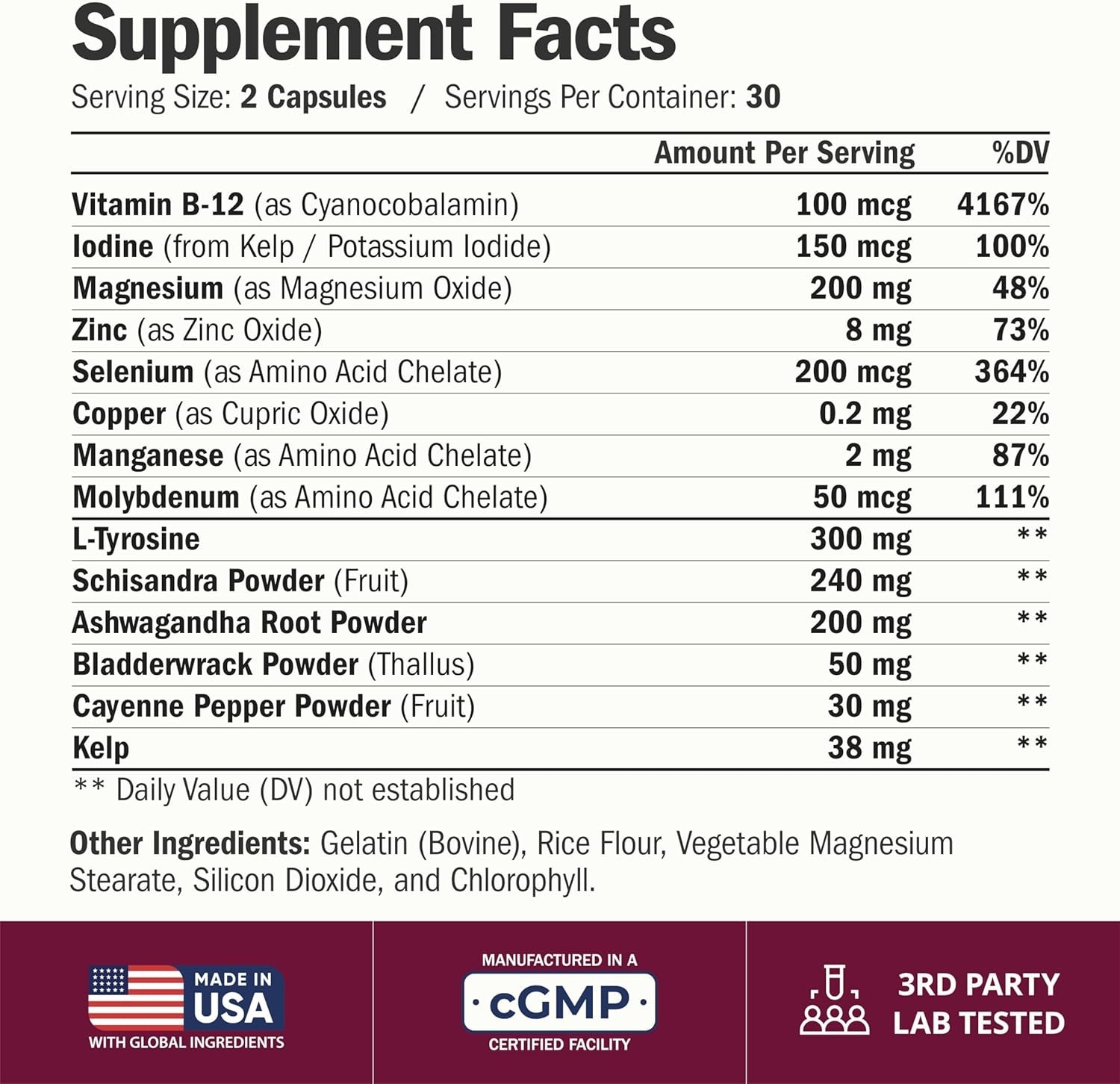 Thyroid Support for Women – Iodine Selenium Zinc Ashwagandha L-Tyrosine – 60ct
