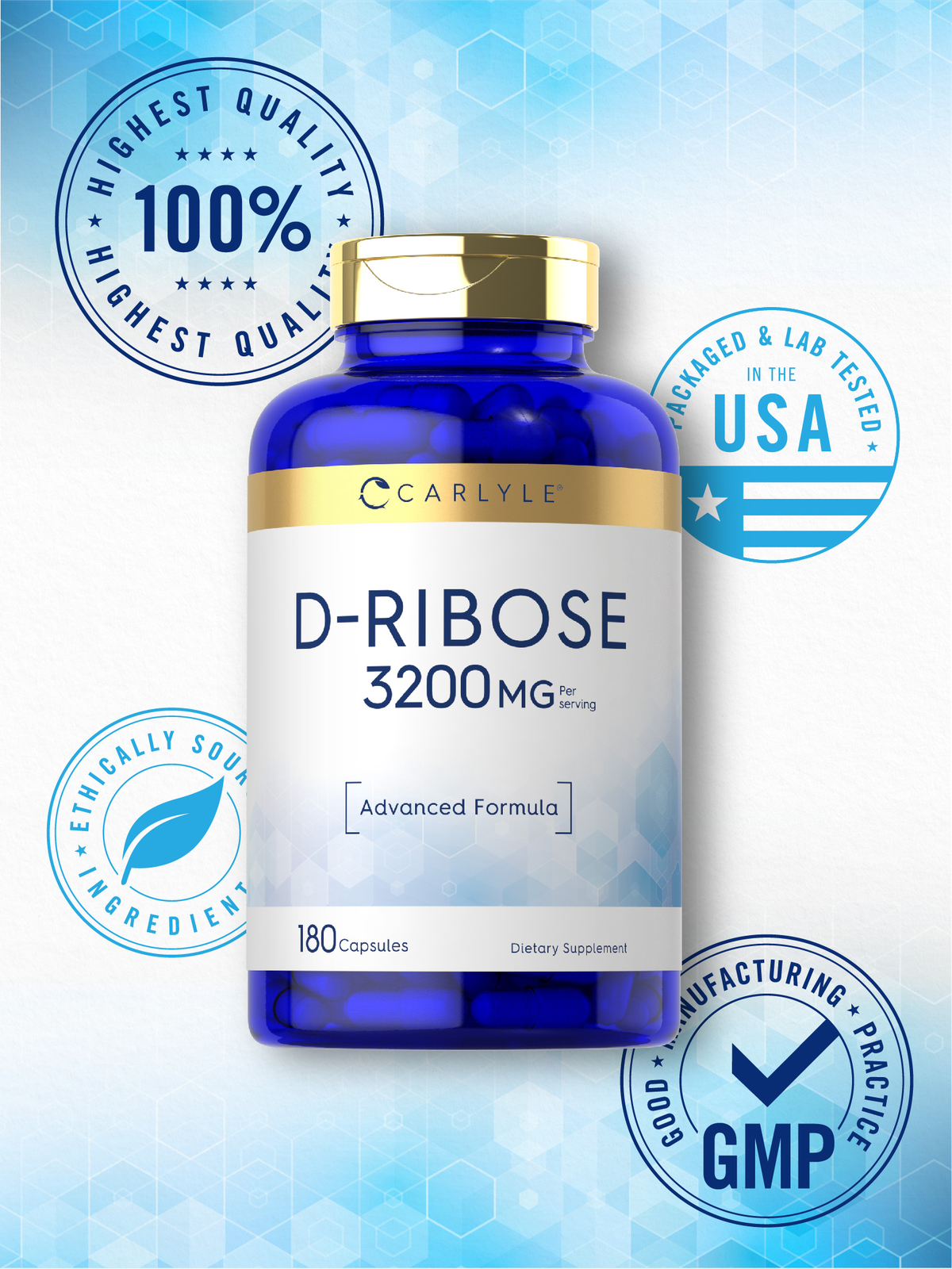 D-Ribose Capsules 3200mg | 180 Count | Vegetarian, Non-GMO | by Carlyle