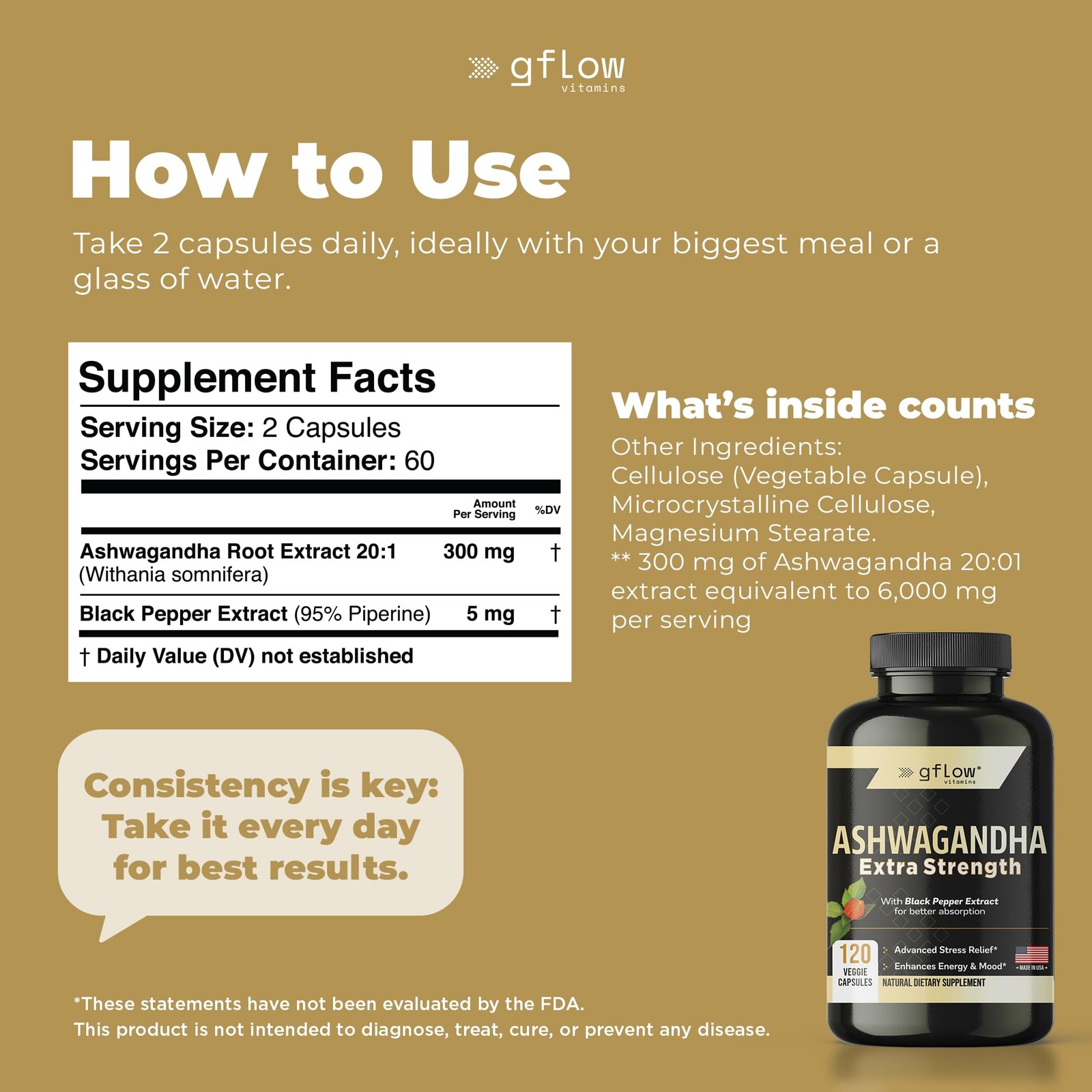 gflow vitamins Ashwagandha Supplements for Women and 120 Count (Pack of 1)