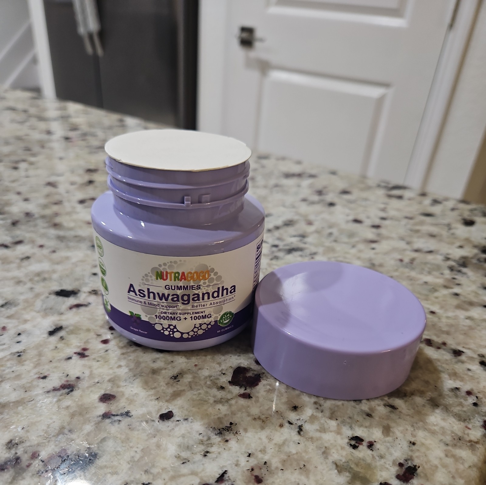 NUTRAGOCO Ashwagandha Gummies 1000mg+100mg Grape Vegan Non-GMO Gluten-Free 60ct