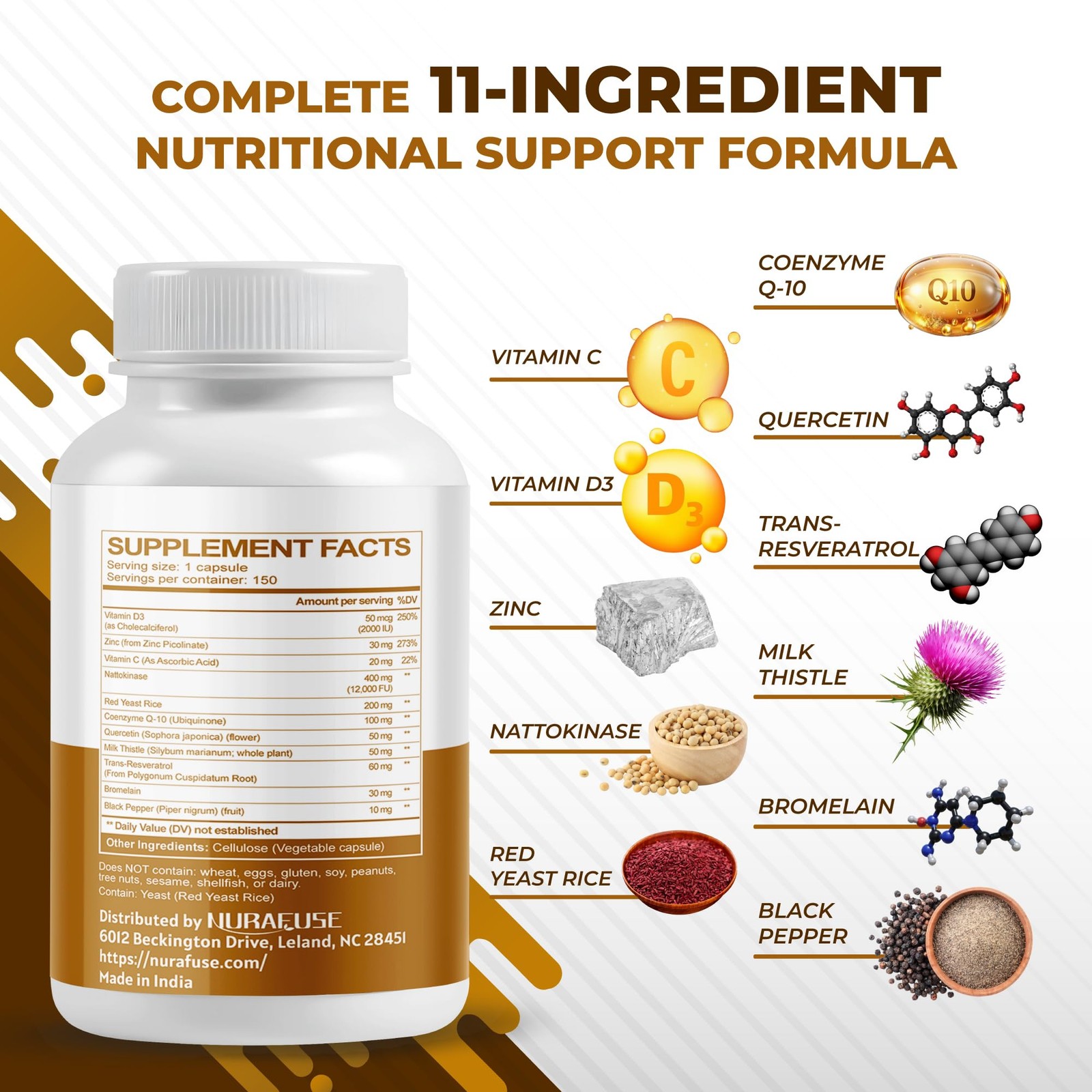 NURAFUSE NATTOKINASE 11-in-1 Formula – with Red Yeast 150 Count (Pack of 1)