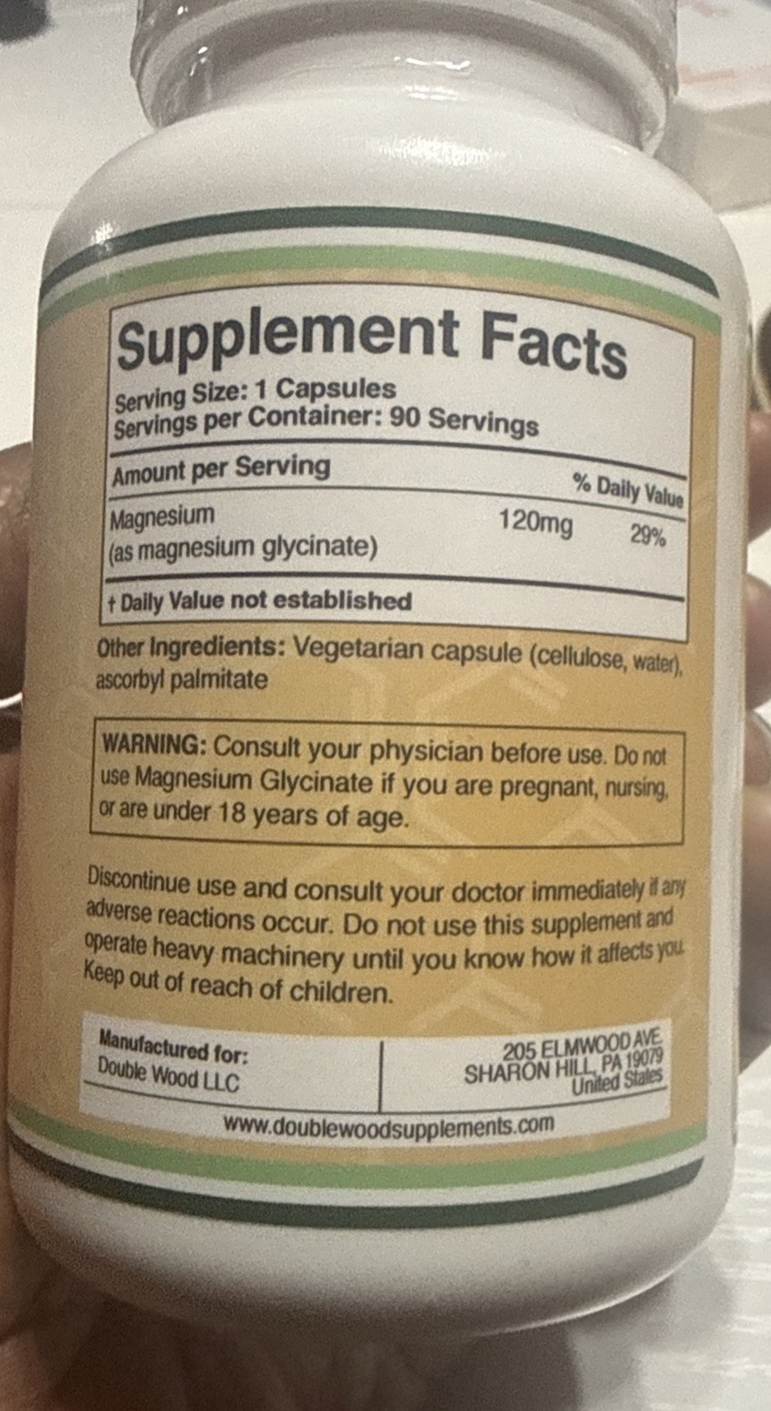 Double Wood Supplements Magnesium Glycinate Extra Strength 90 Capsules – New