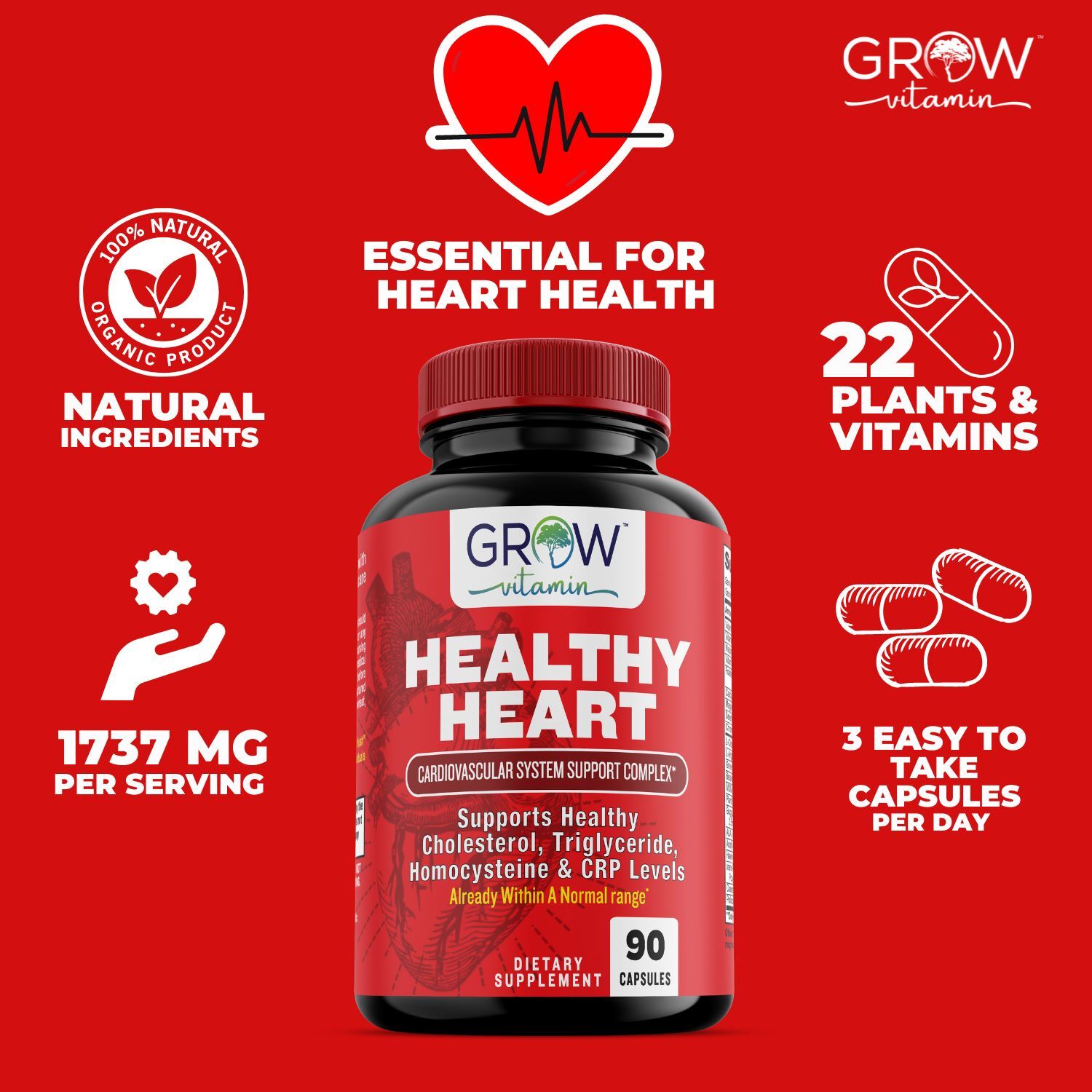 Grow Vitamin Healthy Heart, Cardiovascular Complete Support 3 in 1