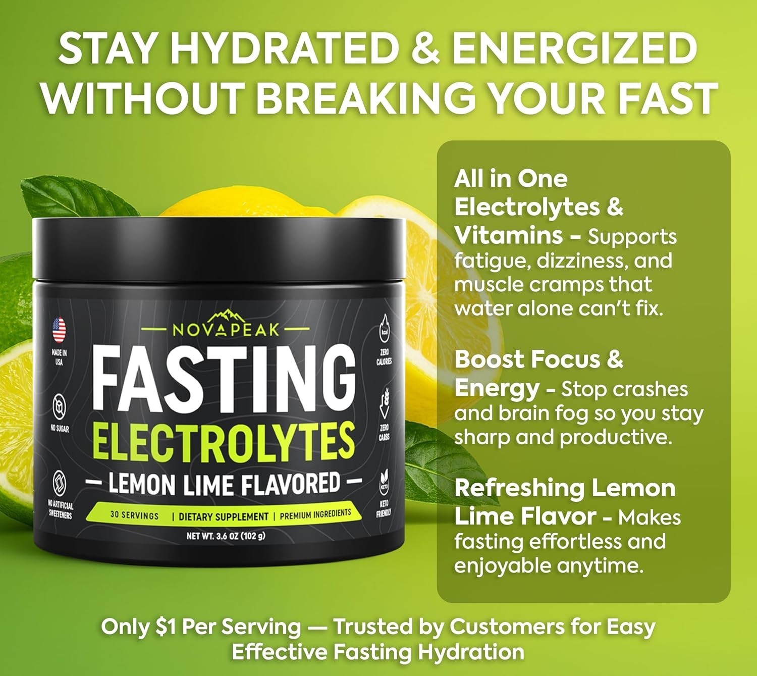 NovaPeak Fasting Electrolytes Powder – Lemon Lime Sugar Free Hydration – 30 Serv