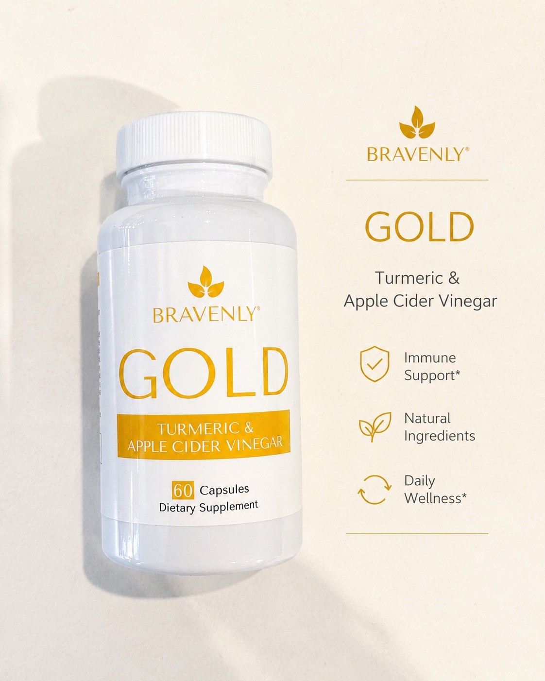 New Bravenly Global Gold Turmeric Apple Cider Vinegar Capsules 60 New Inventory