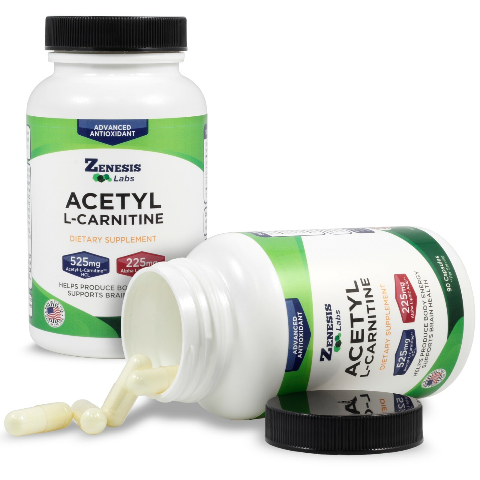 Acetyl L-Carnitine 525mg & 225mg ALA – 360 caps (4 bottle set) –
