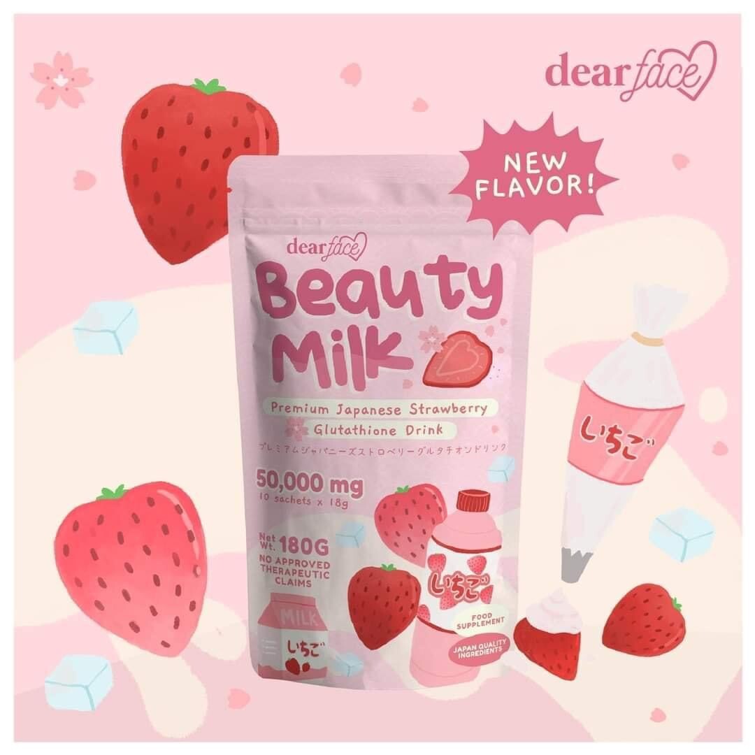 Dear Face Beauty Milk Japanese STRAWBERRY Gluta Drink, 10 Sachets X 18g US