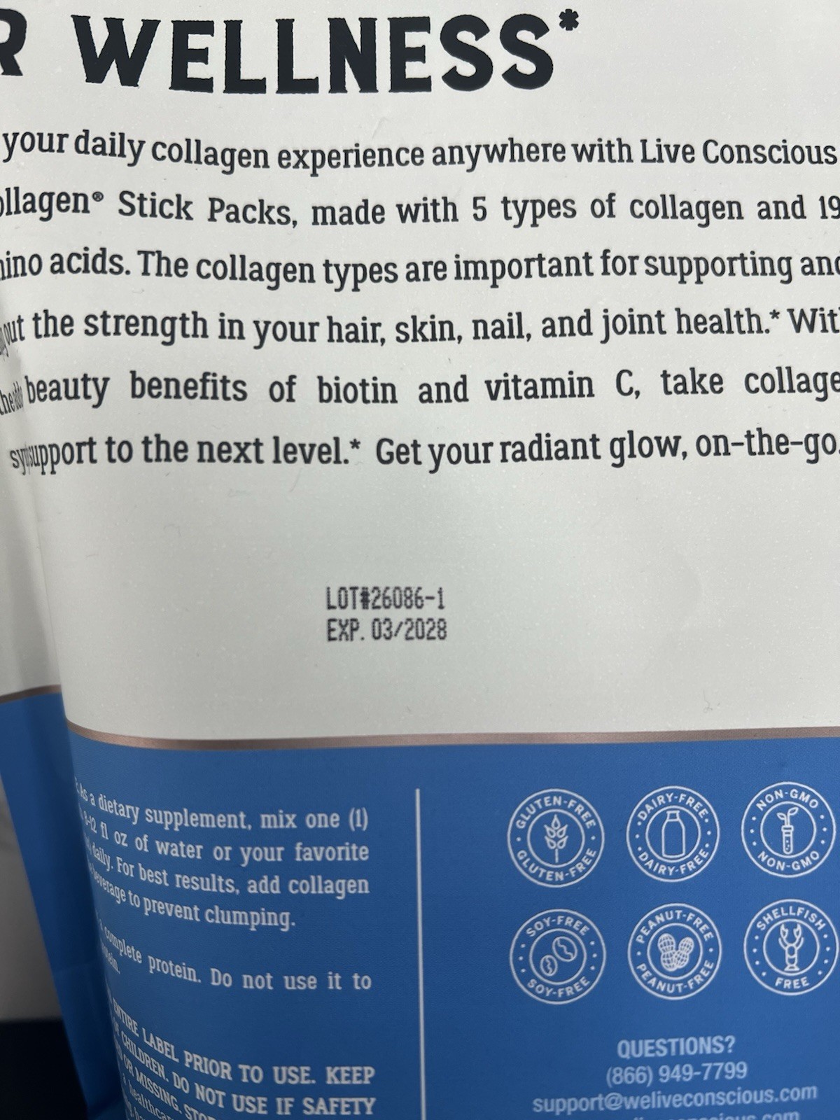 Live Conscious Beyond Collagen Unflavored Sticks Biotin Vit C 30 Exp 03/2028