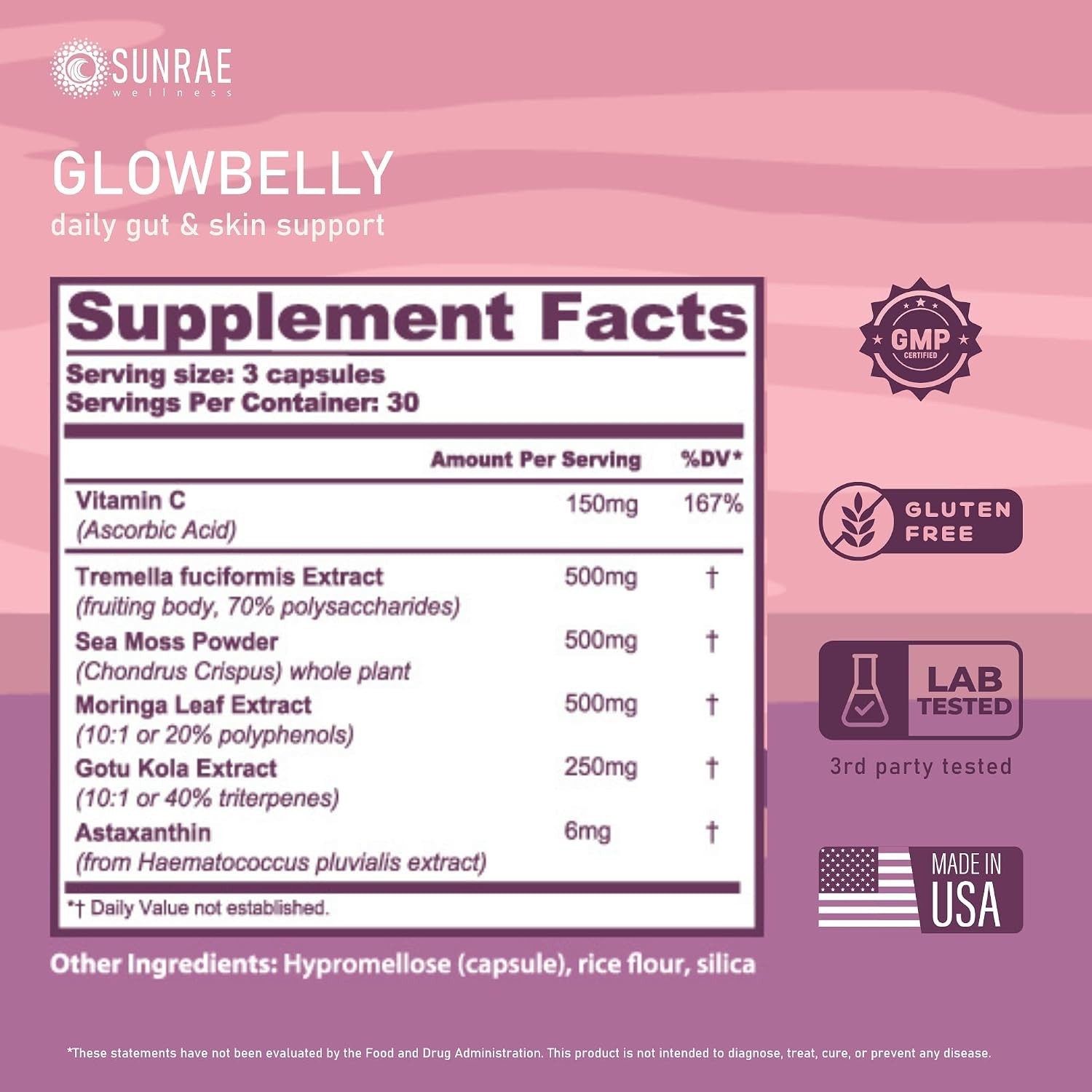 Sunrae Glowbelly Gut & Skin Support 90 Capsules Vitamin C Sea Moss Gluten Free
