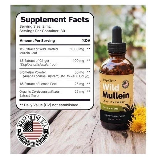 2 Pack RespiClear Wild Mullein Leaf Extract Liquid Drops Vegan Non-GMO Lemon