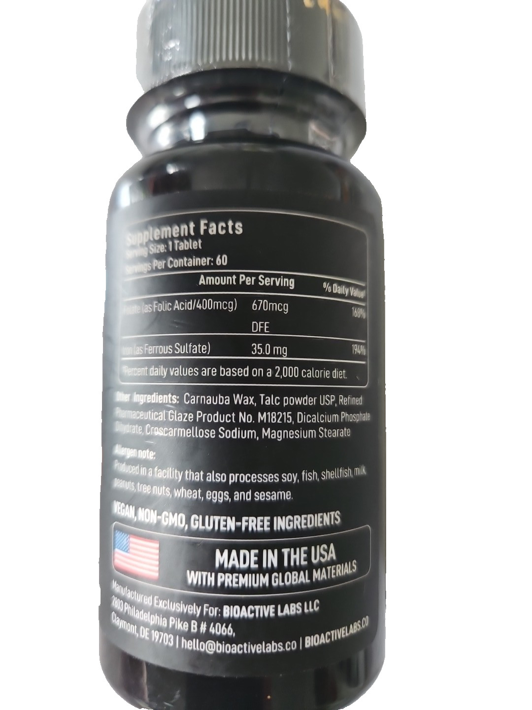 Bioactive Labs Women’s Iron + Folic Acid – Dietary Supplement Gluten Free 60 Tab