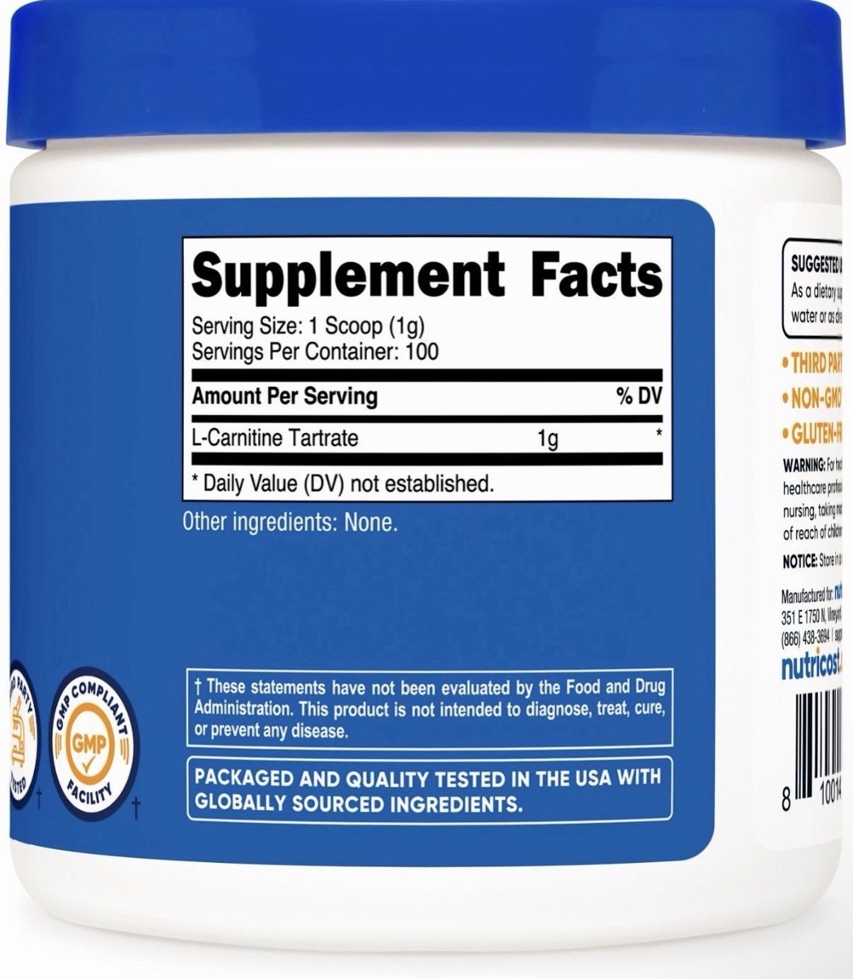 Nutricost L-Carnitine Tartrate Powder (100 Grams) – 1 Gram per Serving