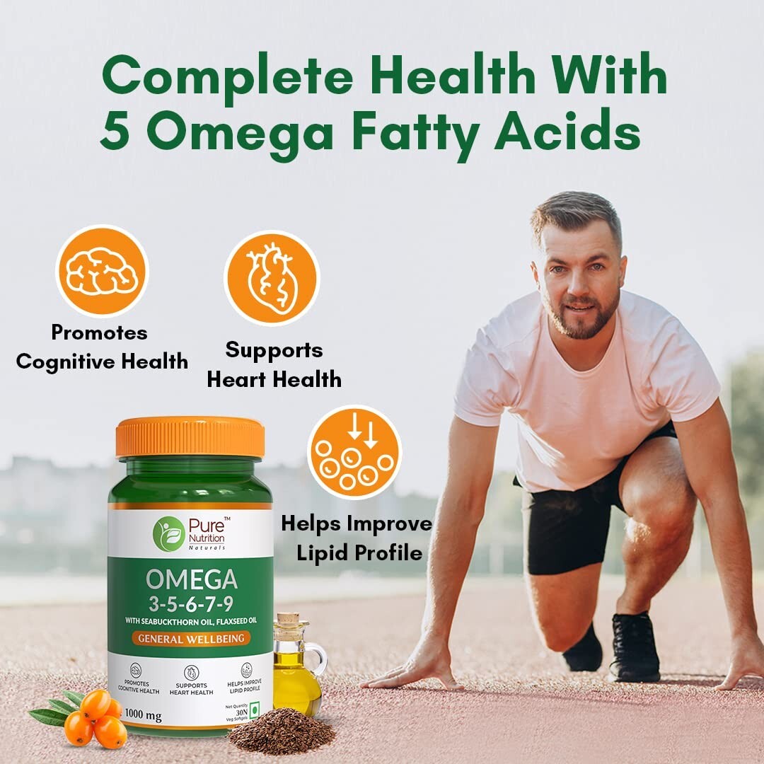 Pure Nutrition Omega 3-5-6-7-9 with Seabuckthorn Oil, Flaxseed Oil ,30 Veg Softg