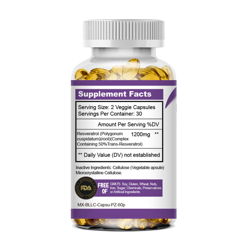 Resveratrol 60 Capsules Anti-Aging Antioxidants,Brain Support,Radiant Skin