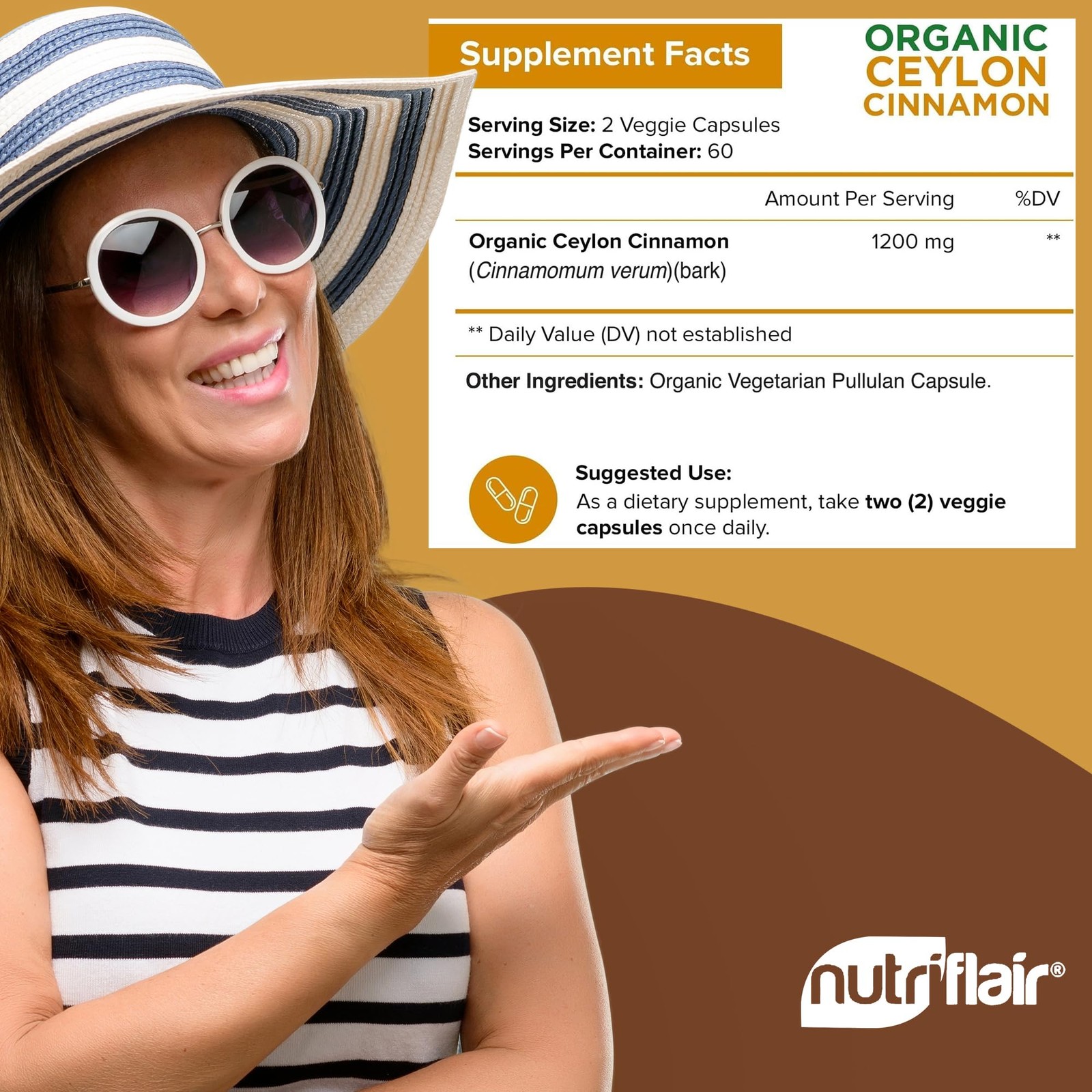 NutriFlair Organic Ceylon Cinnamon Supplement 1200mg, 120 Count (Pack of 1)