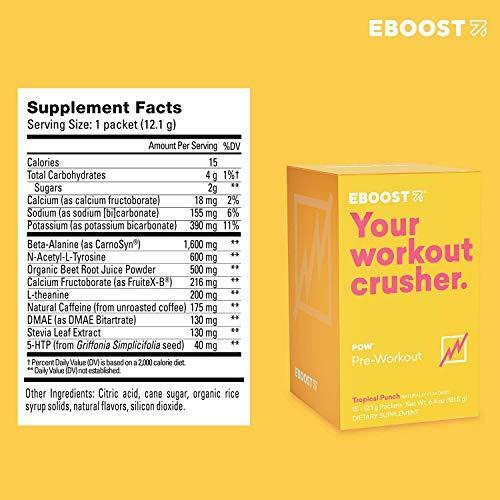 EBOOST POW Natural Pre-Workout Powder – 15 Packets – Tropical Punch – A Pre