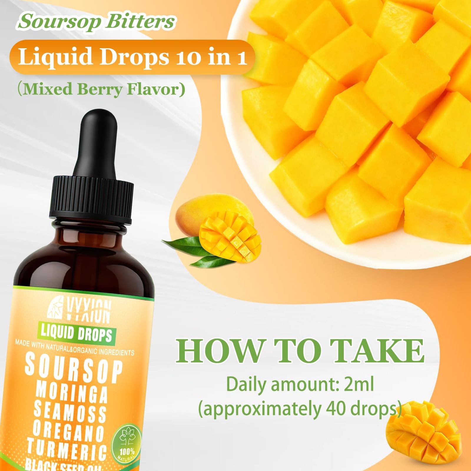 Soursop Bitters Liquid Drops 10 in 1 with Sea Moss, 2 Fl Oz (Pack of 1)