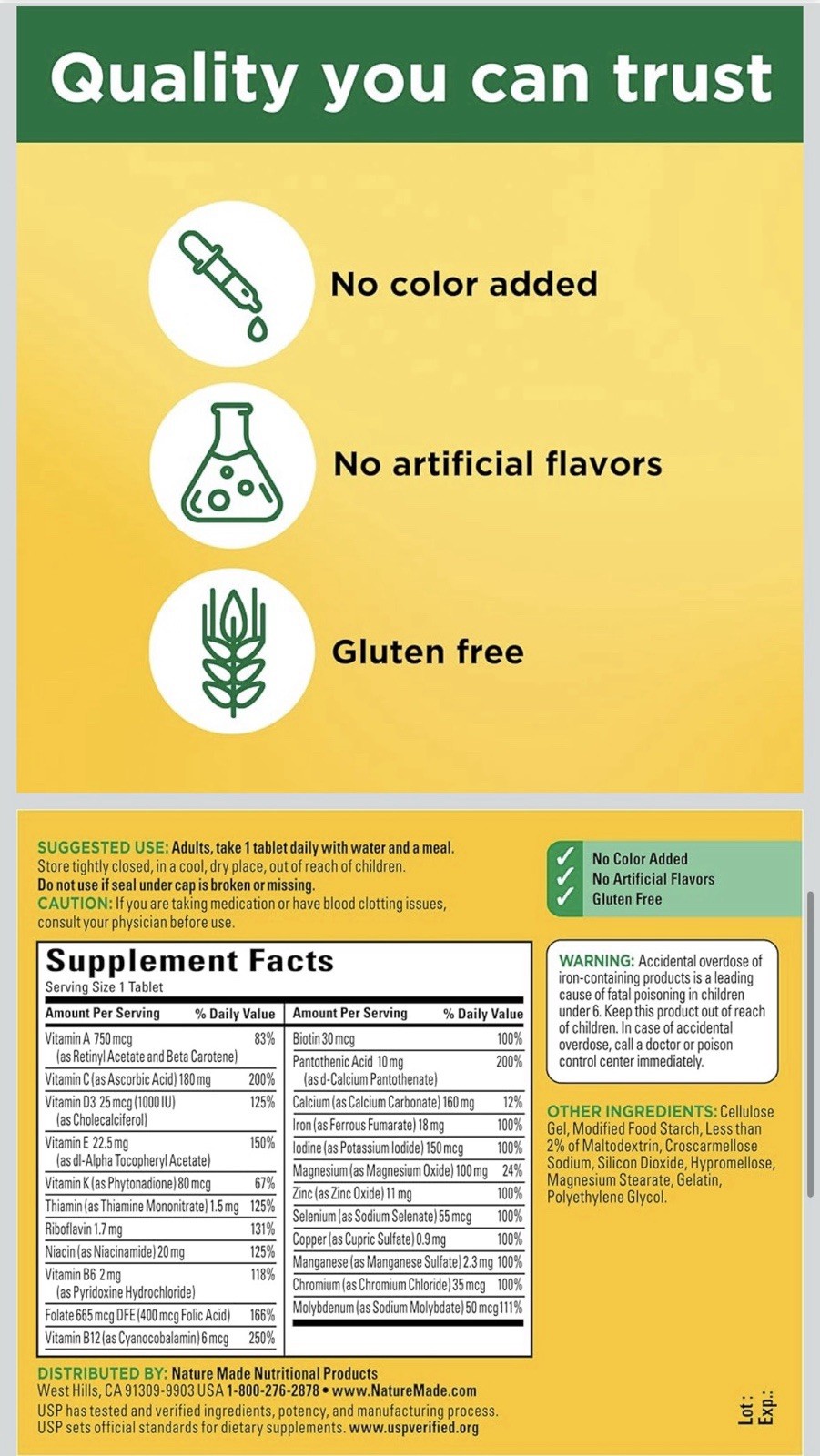 Nature Made Multivitamin 130 Tablets Gluten-Free USP Verified Vitamin A-E Iron