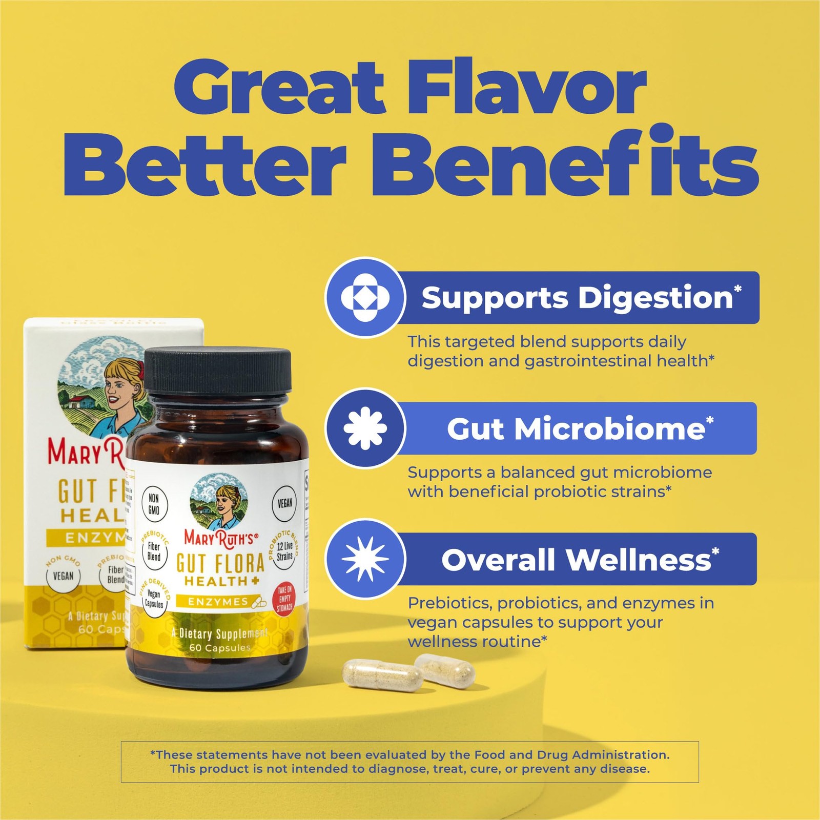 MARYRUTH’S Gut Flora Health+ Enzymes | Prebiotic & 60 Count (Pack of 1)