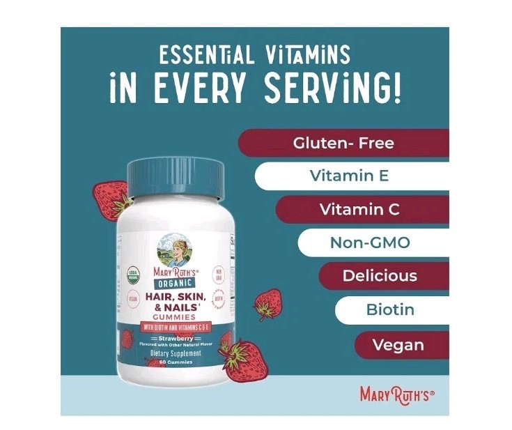 MaryRuth’s Organic Hair Skin & Nails Gummies Biotin Vit C/E Strawberry 60 Ct
