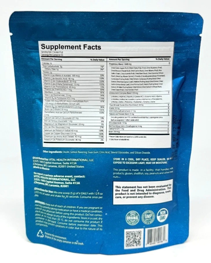 VitalHealth V Daily Lemon Multi-Vitamin Powder 5.29oz Vital Health Exp 5/2027