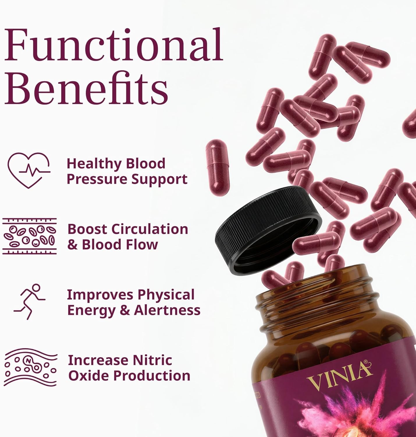 VINIA Blood Flow Capsules Red Grape Powder and Nitric Oxide Supplement 60 Caps