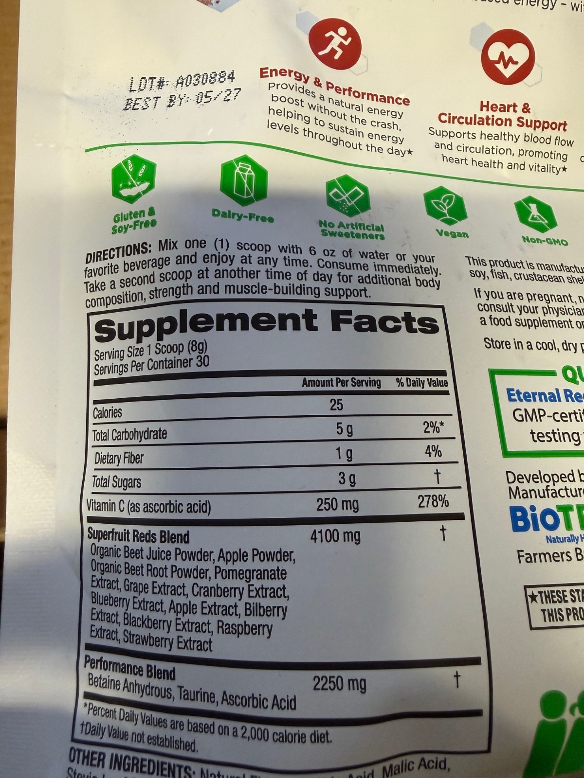 8.5oz BioTrust Eternal Reds Superfoods Revitalizing Berry Beets Berries BB 05/27