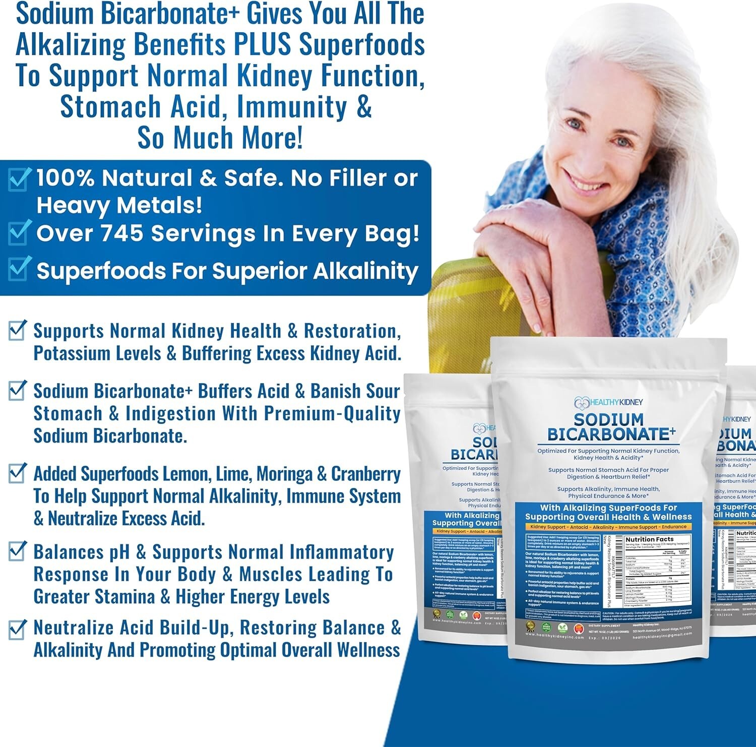Organic Use Sodium Bicarbonate Alkaline Supplement Kidneys Stomach Powder 1LB